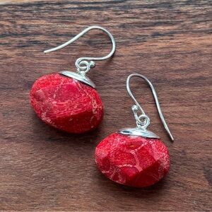 Oval Red Sponge Coral Sterling Silver Earrings